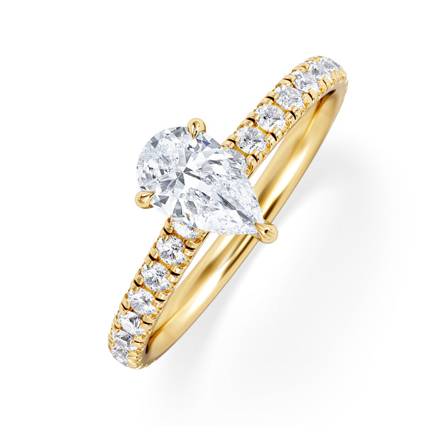 Amora Pear 0.97ct Hidden Halo Diamond Engagement Ring With Side Stones Set in 18K Gold